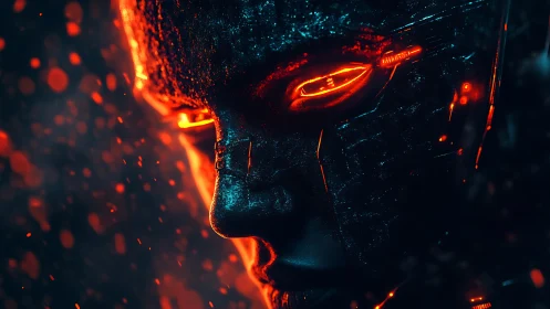 Cybernetic face burns with neon fire in a dark future void