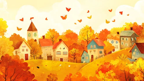 Sunlit village glows in a whimsical golden autumn valley