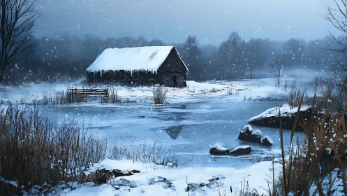 Snow covered cabin by frozen pond in quiet winter field.