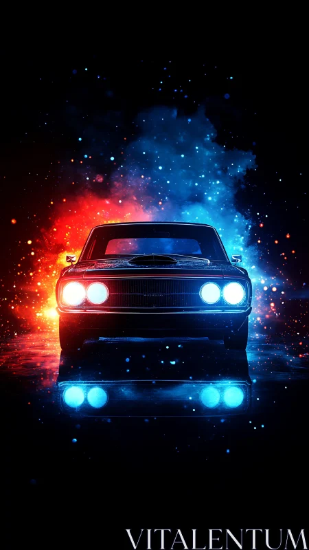 Classic car front view with red and blue light effects at night.