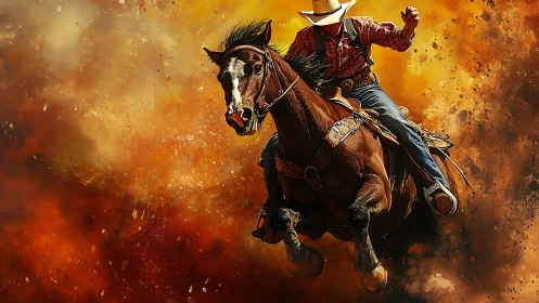 Rodeo cowboy drives galloping horse through fiery dust storm.