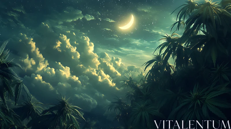 Luminous crescent moon above dense tropical canopy at night