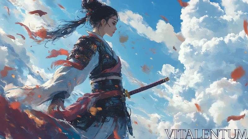 Lone samurai woman contemplates the sky in swirling petals
