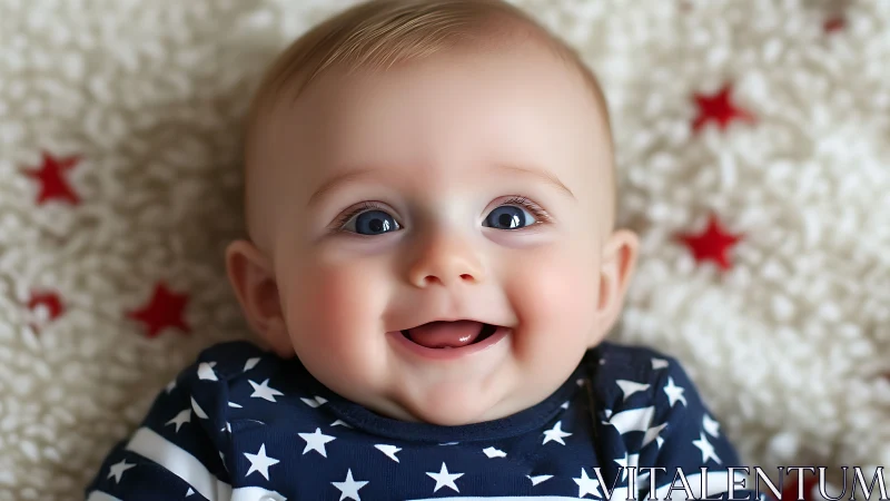 Infant in navy star-patterned garment on textured background