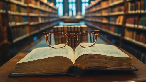 Optical focal plane through open tome in archival library.