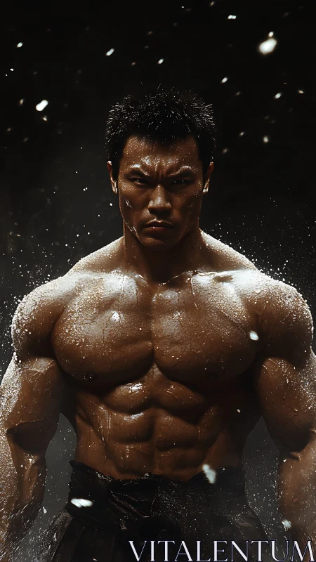 Muscular male torso under falling particles on dark background.