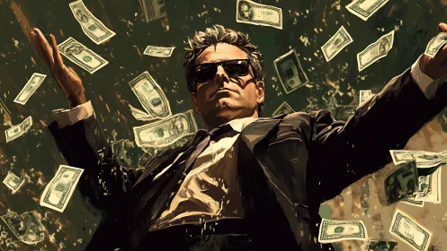 Power-suited executive under money rain in dynamic pose.