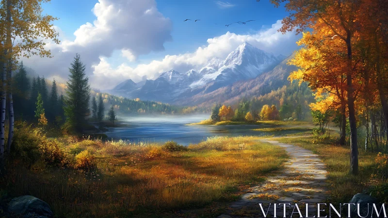 Golden autumn trail curves beside a tranquil mountain lake