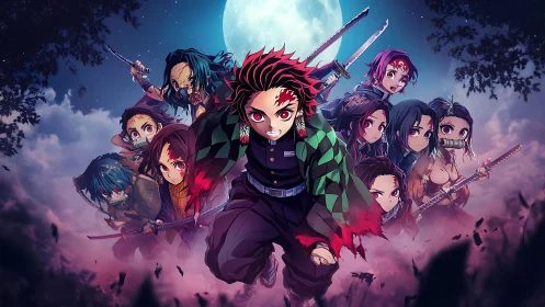 Moonlit anime warriors charge forward through swirling mist