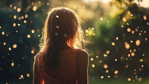 Backlit girl amid shallow-depth bokeh particles at golden hour
