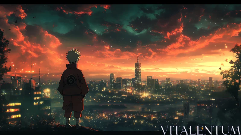 Anime silhouette overlooking neon city at dramatic sunset