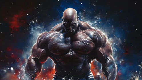 Hyper-muscular male figure in cosmic abstract environment.