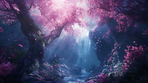 Volumetric light filters through dense magenta forest canopy