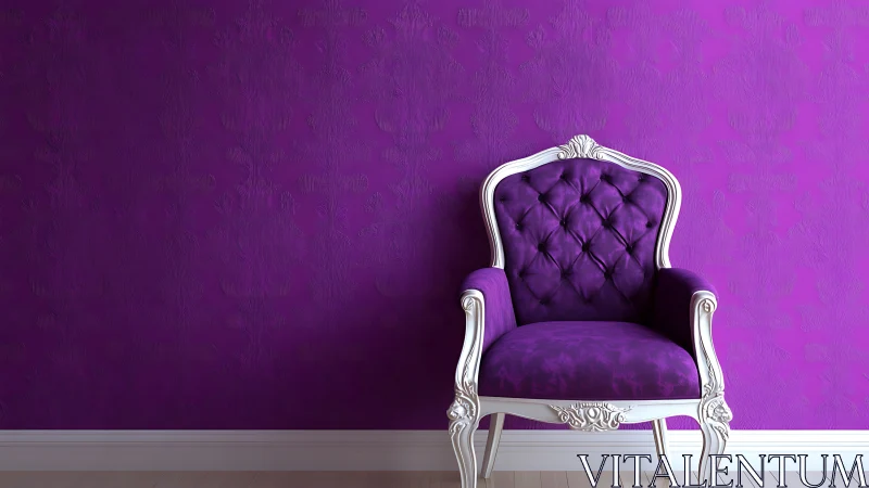 Purple tufted armchair against ornate purple wall background