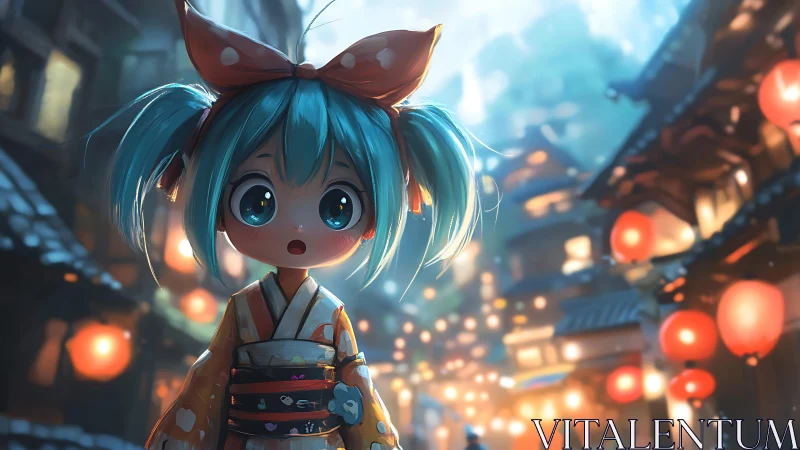 Child figure in kimono stands in lantern lit alleyway scene