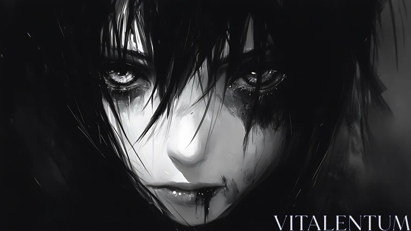 Brooding monochrome portrait of sorrowful anime gaze.