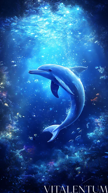 Blue dolphin swimming in glowing deep ocean scene.