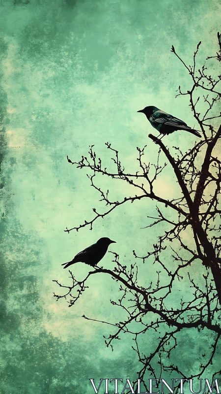 Twilight ravens poised on skeletal branches of winter sky.