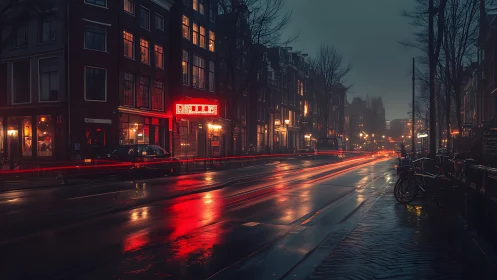 Rainy urban street at night with light trails and canal.