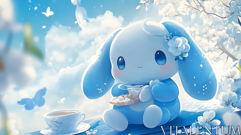 Cute blue bunny enjoying spring tea under blossoms.