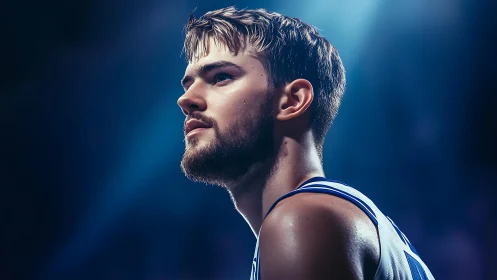 Portrait of focused basketball player under dramatic arena light.