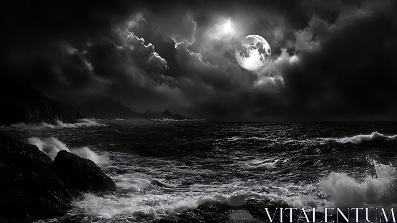 Lunar-illuminated storm sea dramatizes high-contrast nocturnal seascape