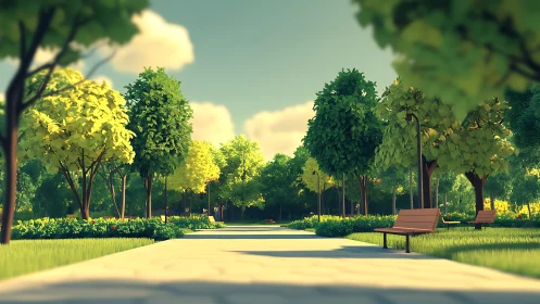 Tree-lined park pathway with benches under diffuse daylight