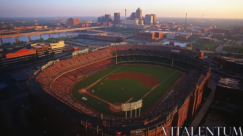 Sunlit baseball stadium packed with fans at city sunset.