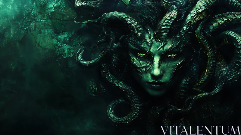 Serpent-crowned gorgon queen stares from abyssal emerald gloom.