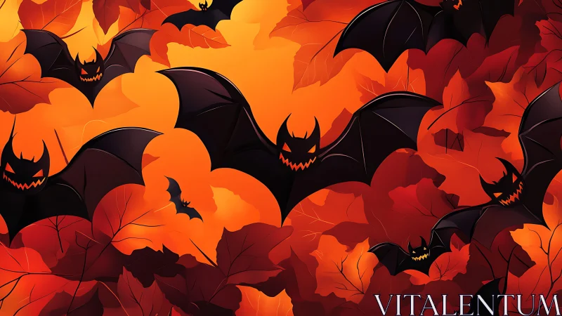 Playful Halloween bats swirling through fiery autumn leaves.