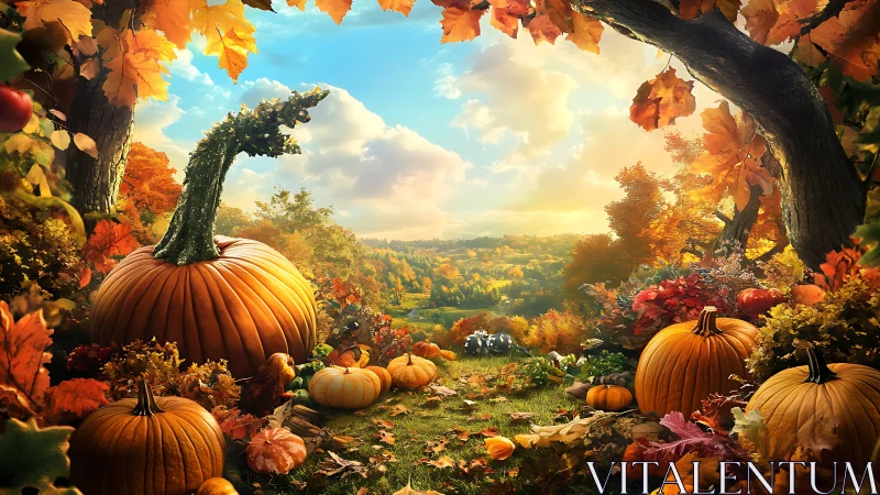 Golden autumn pumpkin valley under glowing afternoon sky.