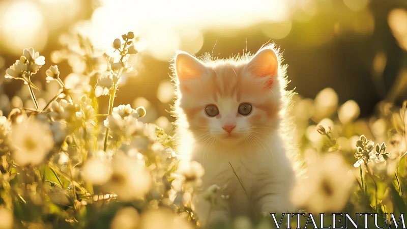 Golden Hour Portrait: Cream-Colored Kitten Among Soft Bokeh Wildflowers