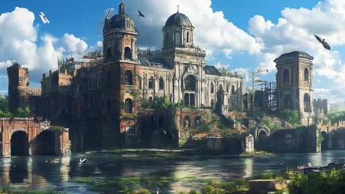 Ruined baroque-style riverside complex stands under daylight