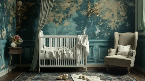 Photorealistic vintage nursery with teal patina wall treatment.
