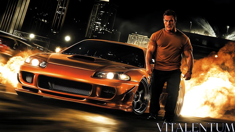 Muscular driver strides beside flamed-out orange tuner coupe