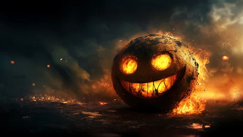 Burning spherical face icon in dark smoky landscape scene.