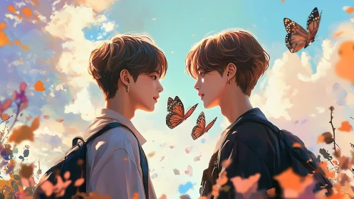 Digital portrait of twin teens facing amid drifting butterflies