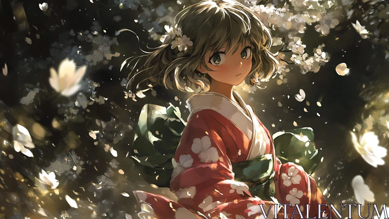 Girl in red kimono stands beneath glowing cherry blossoms