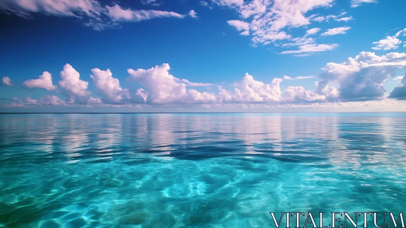 Calm shallow sea under cumulus cloud formations at noon.