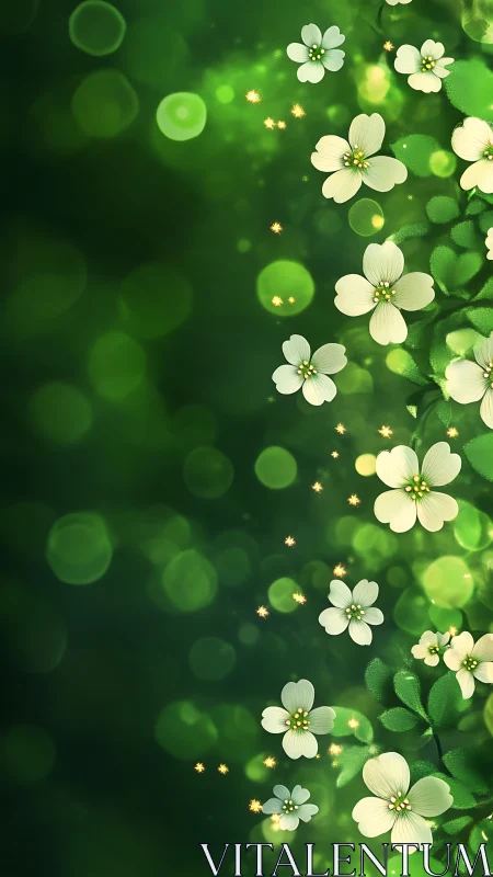 White flowers displayed against soft green bokeh background with sparkles