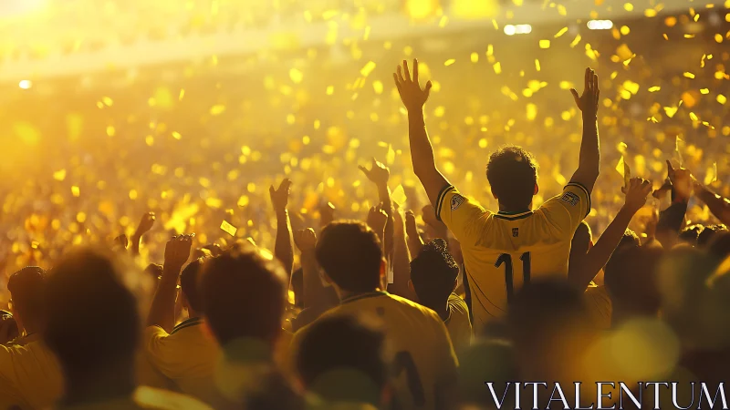 Crowd in yellow jerseys celebrates under dense golden confetti