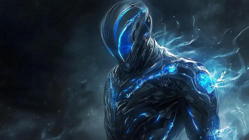 Luminescent cyber warrior emerging from swirling voids.