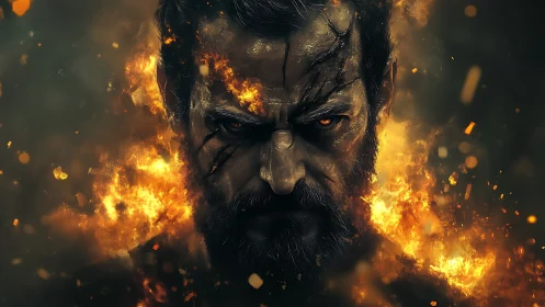 Male warrior portrait amid engulfing flames and ember sparks