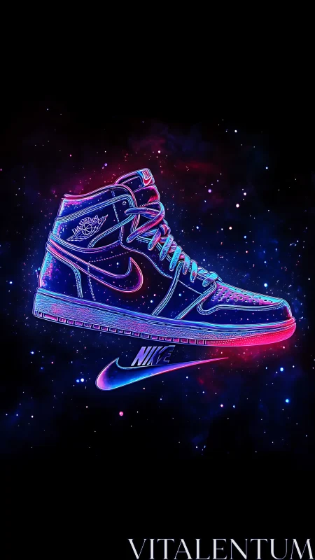 Neon outline of Nike high-top sneaker in cosmic backdrop.
