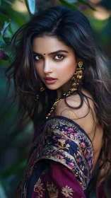 Portrait of woman in embroidered shawl with gold jewelry.