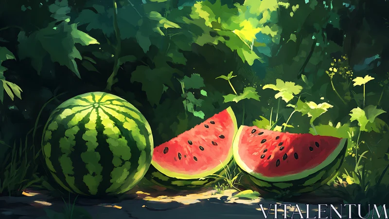 Ripe watermelon and slices on sunlit garden ground.