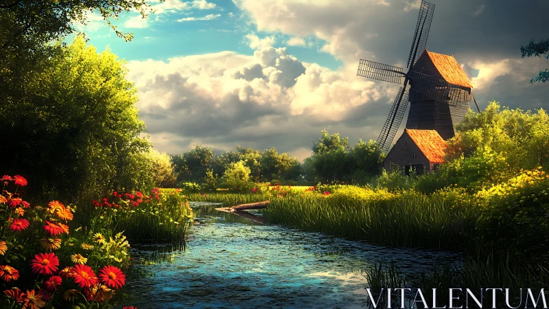 Digital painting rural river scene with sunlit windmill structure.
