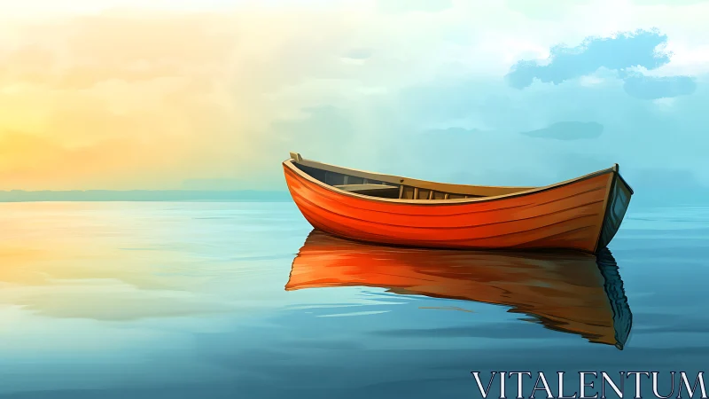 Solitary red rowboat rendered with soft gradients on calm water
