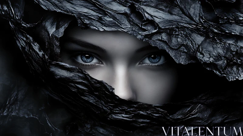 Piercing blue eyes emerge from dark metallic shrouded veil