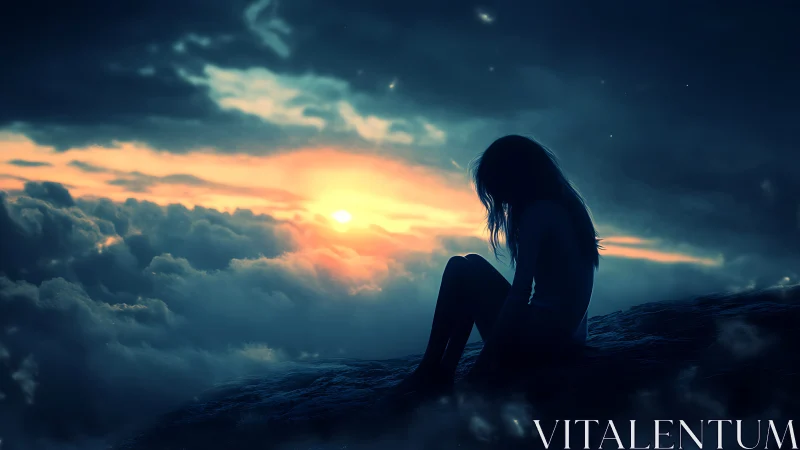 Solitary figure sits over cloud sea under glowing sunset sky